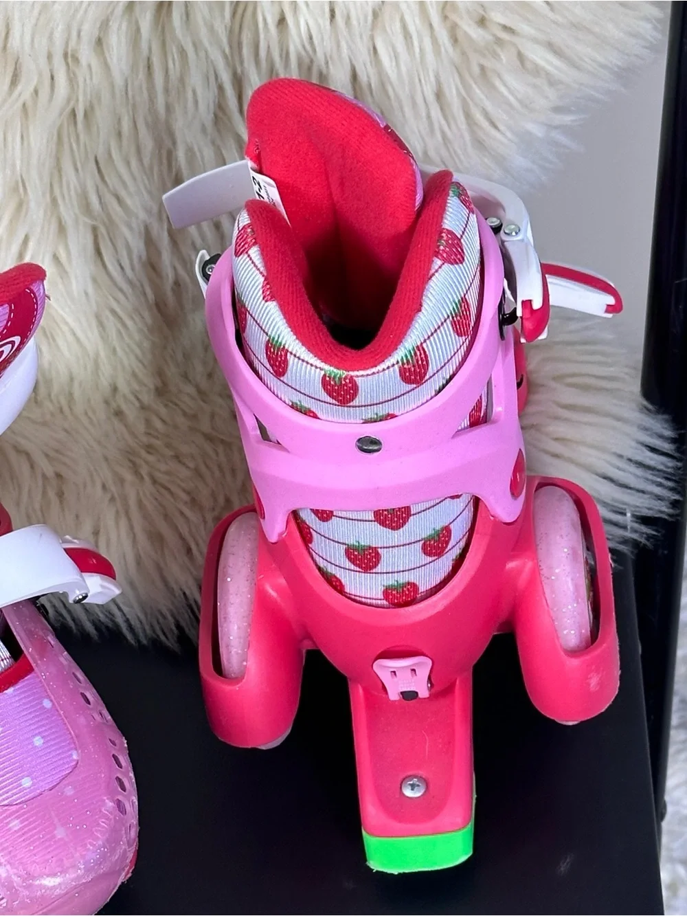 Adjustable Kids Pink Strawberry-Print Light-Up Roller Skates